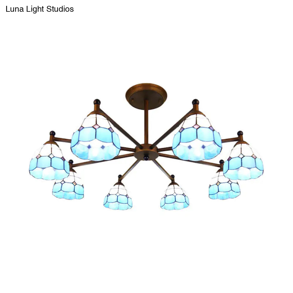 Rustic Stained Glass Dome Hanging Pendant Chandelier Light - 8 Lights - Red/Blue/Yellow – Bedroom Lighting
