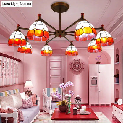 Rustic Stained Glass Dome Hanging Pendant Chandelier Light - 8 Lights - Red/Blue/Yellow – Bedroom Lighting