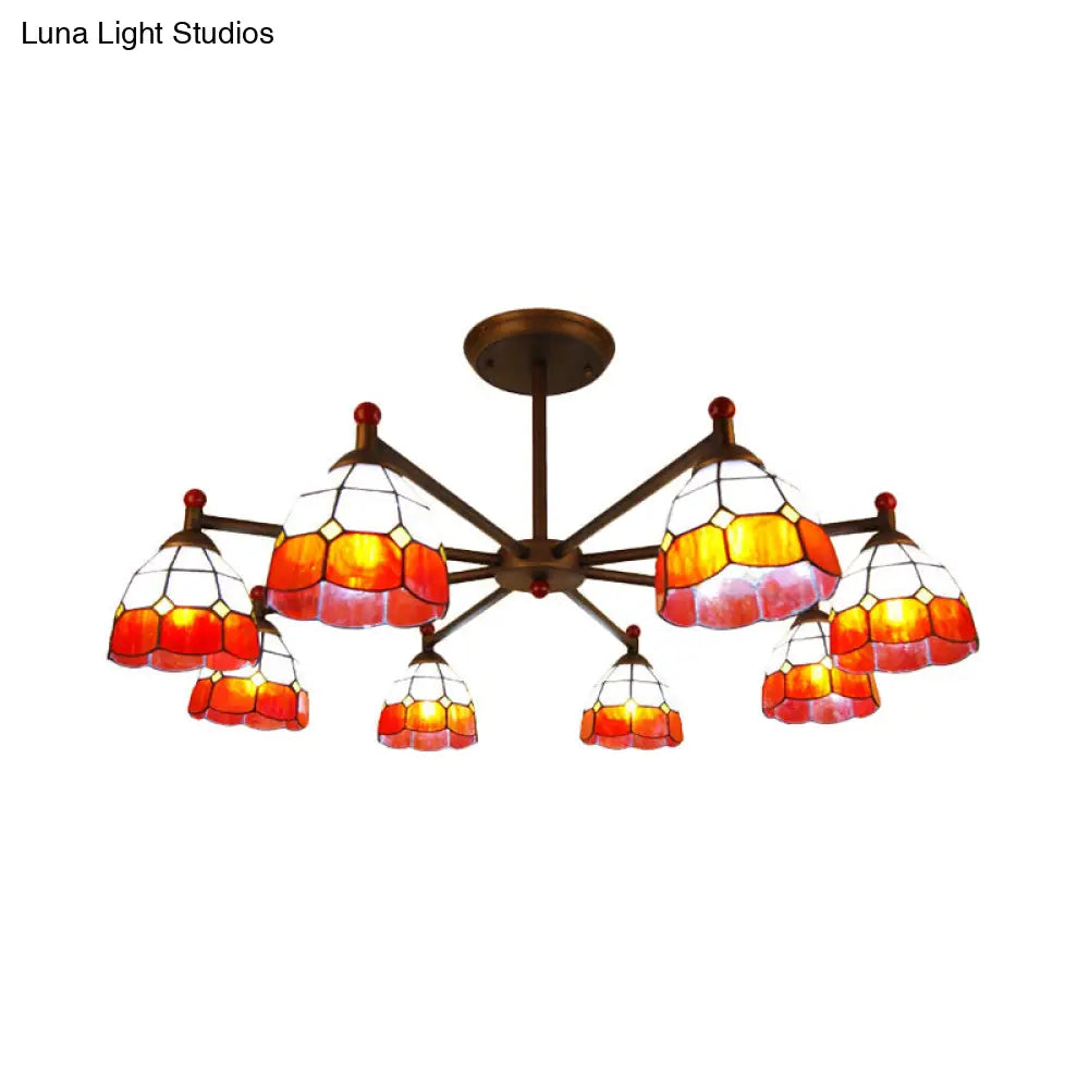Rustic Stained Glass Dome Hanging Pendant Chandelier Light - 8 Lights - Red/Blue/Yellow – Bedroom Lighting
