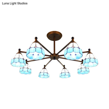Rustic Stained Glass Dome Hanging Pendant Chandelier Light - 8 Lights - Red/Blue/Yellow – Bedroom Lighting
