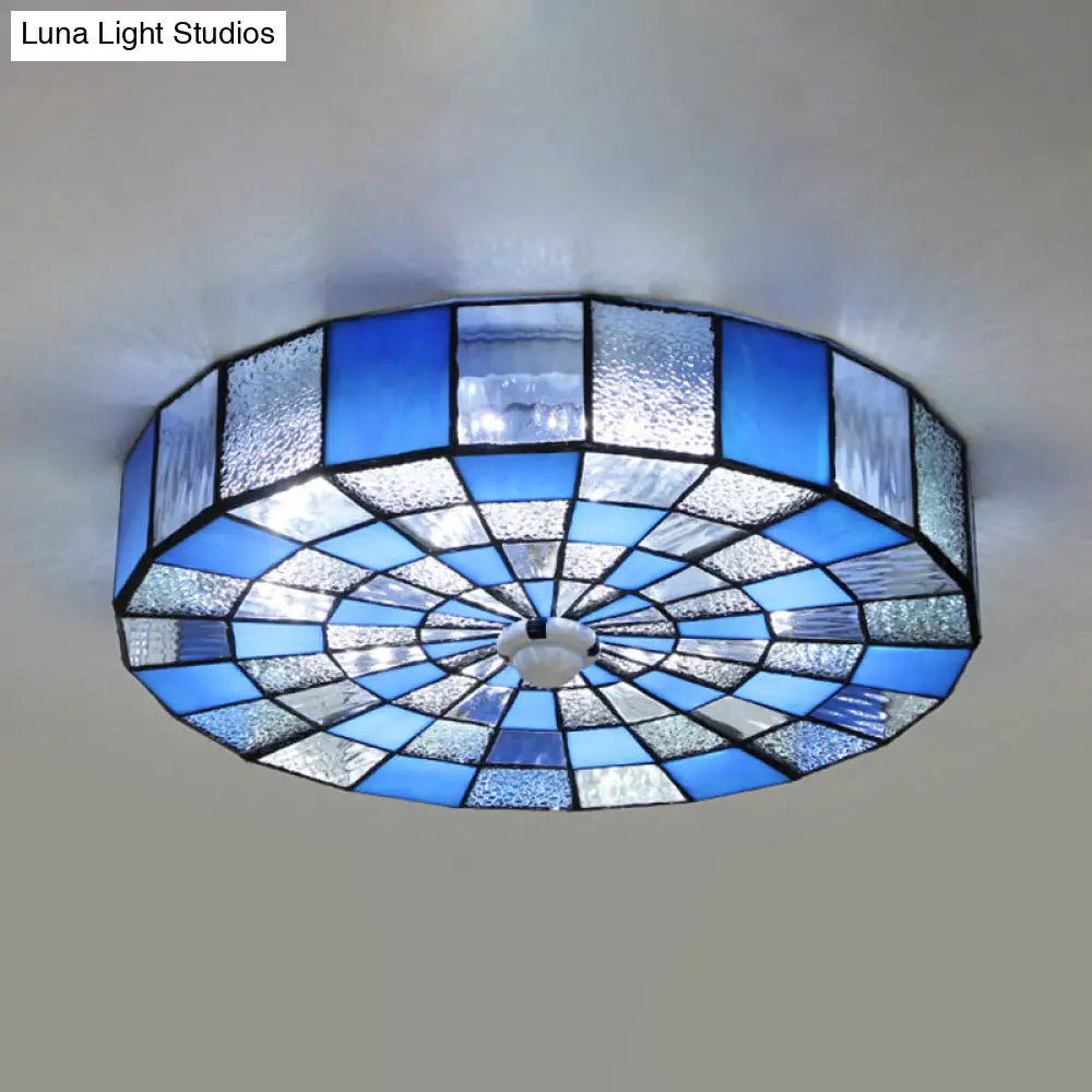 DecorBites™ DecorBites™ Rustic Stained Glass Flushmount Ceiling Light - Round 1-Light Fixture in Blue/White for Bedroom