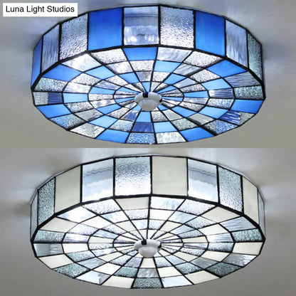 DecorBites™ DecorBites™ Rustic Stained Glass Flushmount Ceiling Light - Round 1-Light Fixture in Blue/White for Bedroom