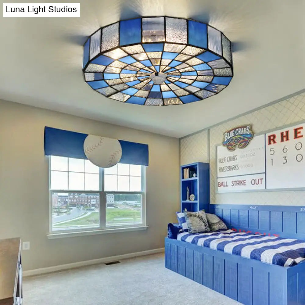 DecorBites™ DecorBites™ Rustic Stained Glass Flushmount Ceiling Light - Round 1-Light Fixture in Blue/White for Bedroom