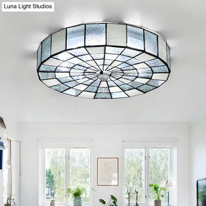 DecorBites™ DecorBites™ Rustic Stained Glass Flushmount Ceiling Light - Round 1-Light Fixture in Blue/White for Bedroom