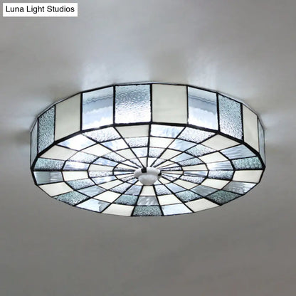DecorBites™ DecorBites™ Rustic Stained Glass Flushmount Ceiling Light - Round 1-Light Fixture in Blue/White for Bedroom