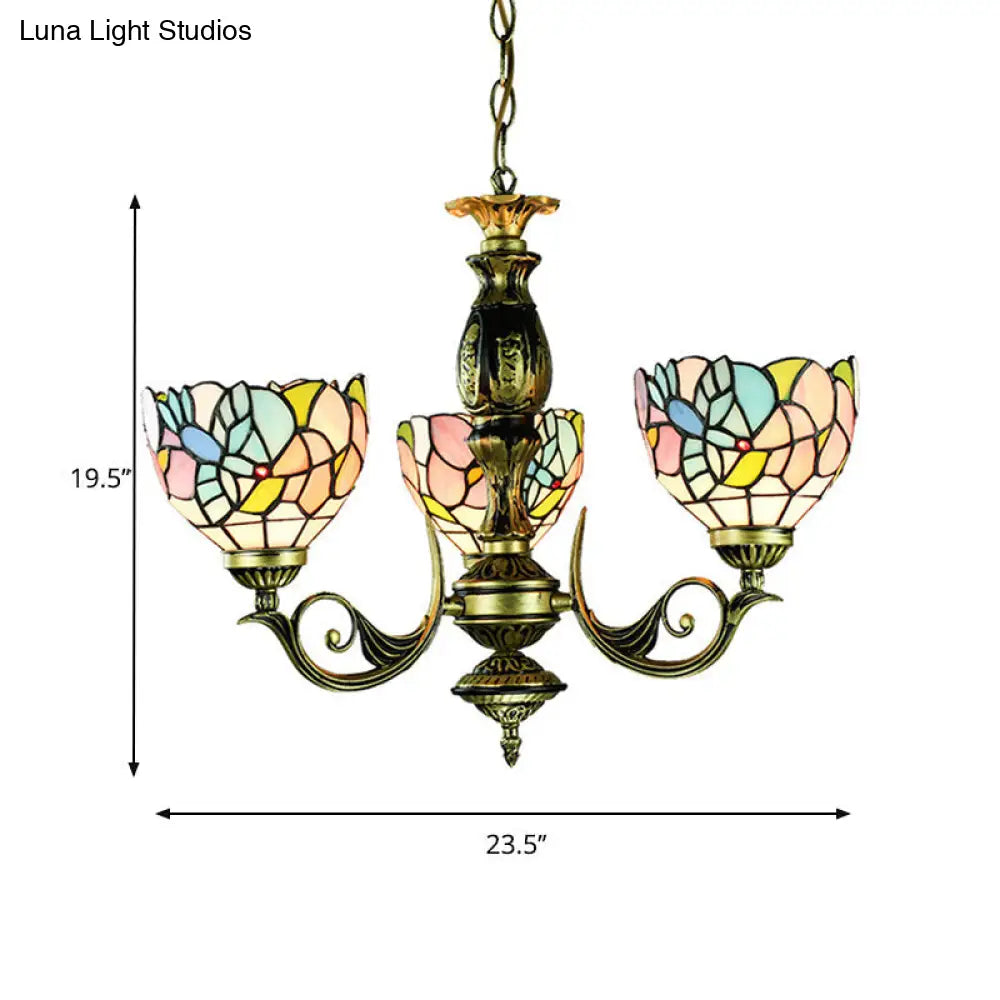 Rustic Stained Glass Pendant Chandelier with Multi-Color Bowl Shade and 3 Lights