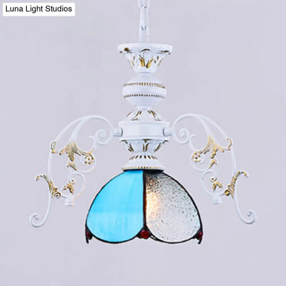 Rustic Stained Glass Scalloped Ceiling Pendant Light - Adjustable 1-Light Hanging Fixture in Clear/Blue for Balcony