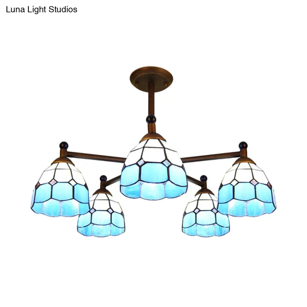 Rustic Stained Glass Semi-Flush Ceiling Light with 5 Blue/Red/Yellow Lights for Living Room