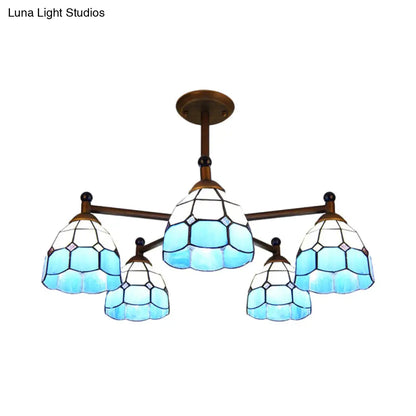 Rustic Stained Glass Semi-Flush Ceiling Light with 5 Blue/Red/Yellow Lights for Living Room
