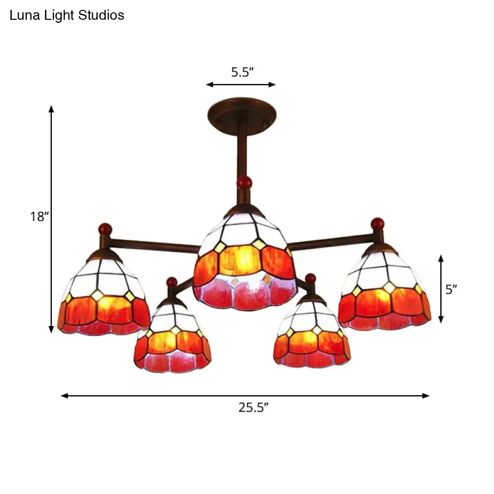 Rustic Stained Glass Semi-Flush Ceiling Light with 5 Blue/Red/Yellow Lights for Living Room