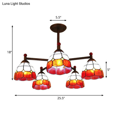 Rustic Stained Glass Semi-Flush Ceiling Light with 5 Blue/Red/Yellow Lights for Living Room