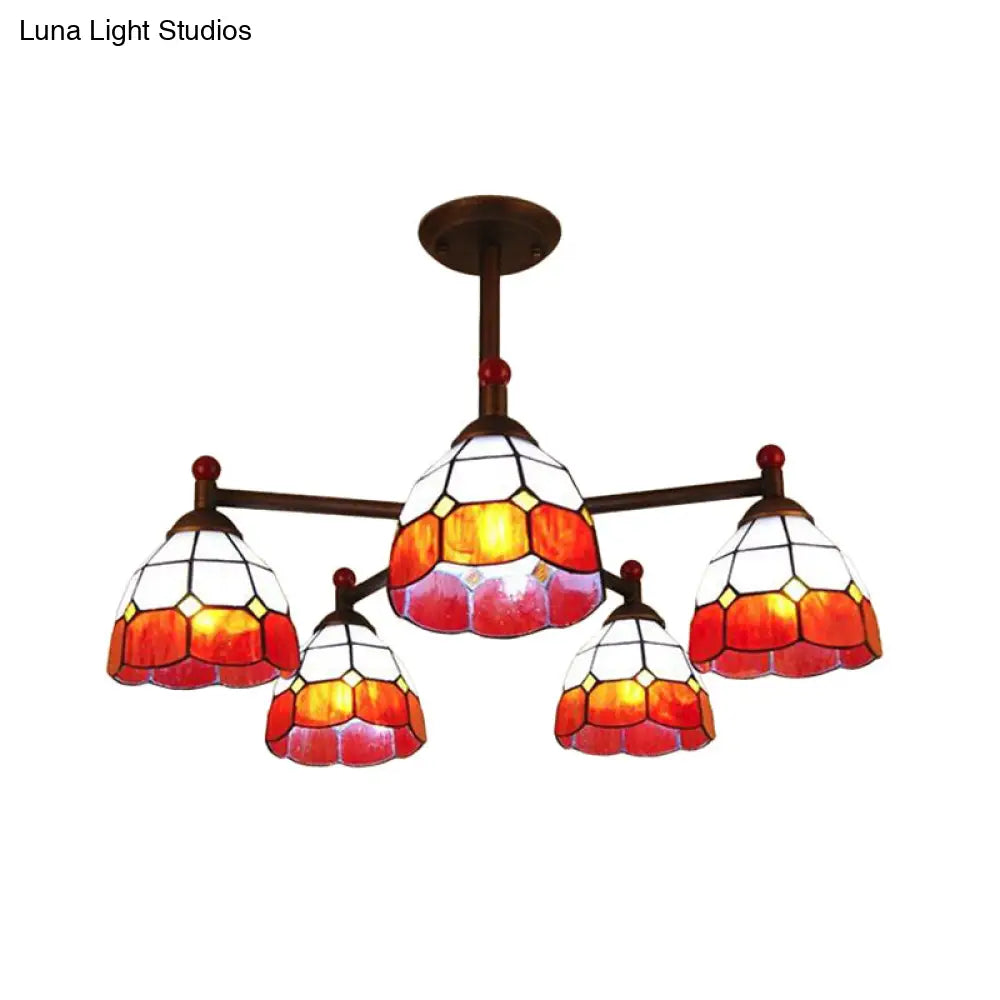 Rustic Stained Glass Semi-Flush Ceiling Light with 5 Blue/Red/Yellow Lights for Living Room