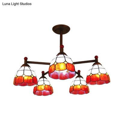 Rustic Stained Glass Semi-Flush Ceiling Light with 5 Blue/Red/Yellow Lights for Living Room