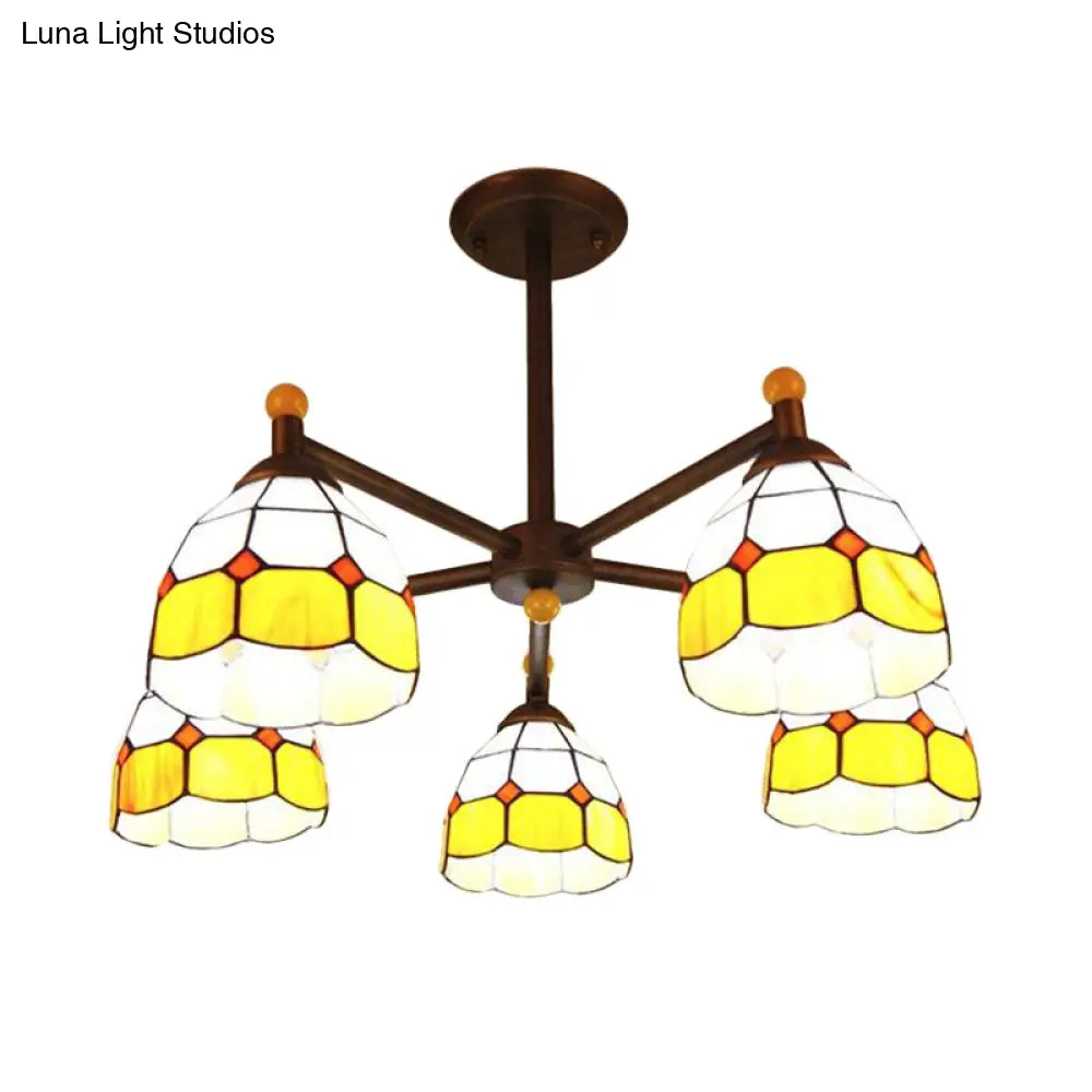 Rustic Stained Glass Semi-Flush Ceiling Light with 5 Blue/Red/Yellow Lights for Living Room
