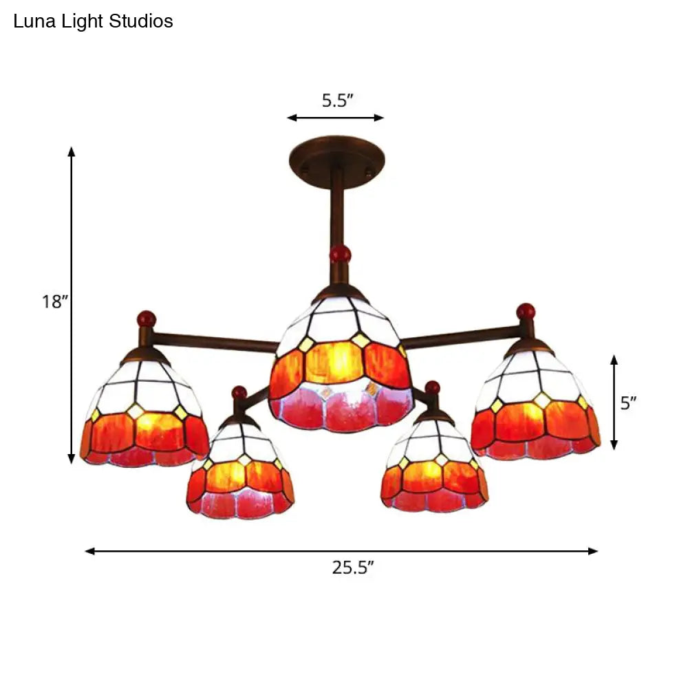 Rustic Stained Glass Semi-Flush Ceiling Light with 5 Blue/Red/Yellow Lights for Living Room