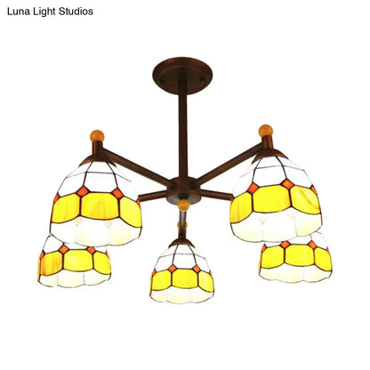 Rustic Stained Glass Semi-Flush Ceiling Light with 5 Blue/Red/Yellow Lights for Living Room