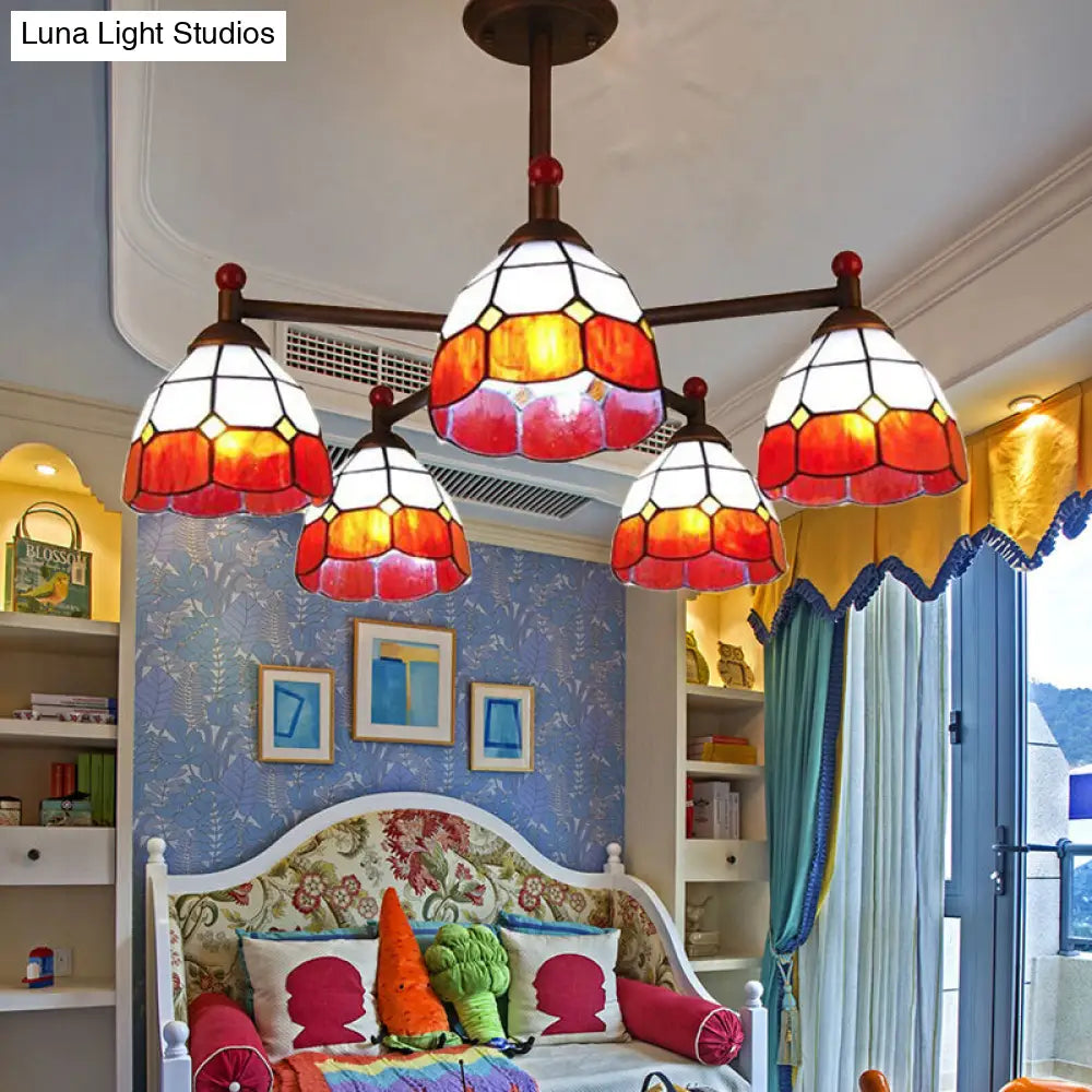 Rustic Stained Glass Semi-Flush Ceiling Light with 5 Blue/Red/Yellow Lights for Living Room