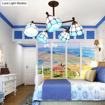 Rustic Stained Glass Semi-Flush Ceiling Light with 5 Blue/Red/Yellow Lights for Living Room