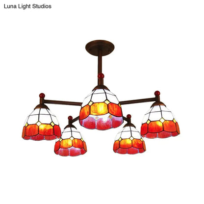 Rustic Stained Glass Semi-Flush Ceiling Light with 5 Blue/Red/Yellow Lights for Living Room