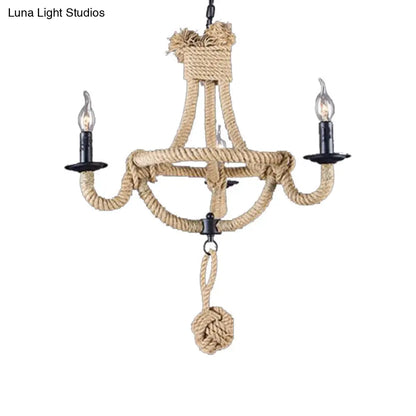 Rustic Style Candle Rope Chandelier in Beige – Dining Room Pendant Lighting (3/6 Lights)