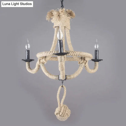 Rustic Style Candle Rope Chandelier in Beige – Dining Room Pendant Lighting (3/6 Lights)