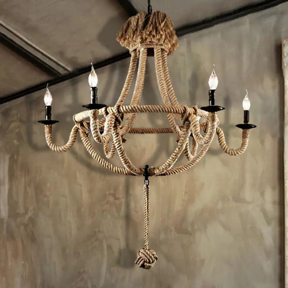 Rustic Style Candle Rope Chandelier in Beige – Dining Room Pendant Lighting (3/6 Lights)