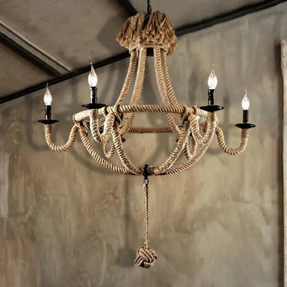 Rustic Style Candle Rope Chandelier in Beige – Dining Room Pendant Lighting (3/6 Lights)