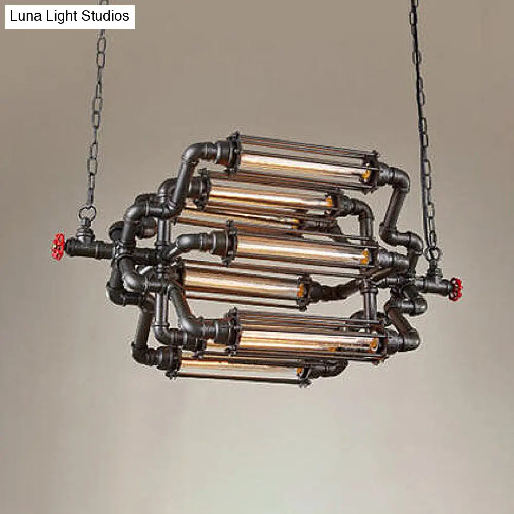 Rustic Style Chandelier Lighting with Adjustable Chain - 4/8 Heads, Wire Pipe Shade, Iron Ceiling Light Fixture - Black