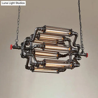 Rustic Style Chandelier Lighting with Adjustable Chain - 4/8 Heads, Wire Pipe Shade, Iron Ceiling Light Fixture - Black