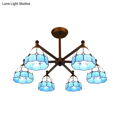 ثريا معلقة على شكل قبة من الزجاج الملون بتصميم ريفي من DecorBites™ - مصباح معلق بستة مصابيح باللون الأصفر/الأحمر/الأزرق لغرفة الطعام