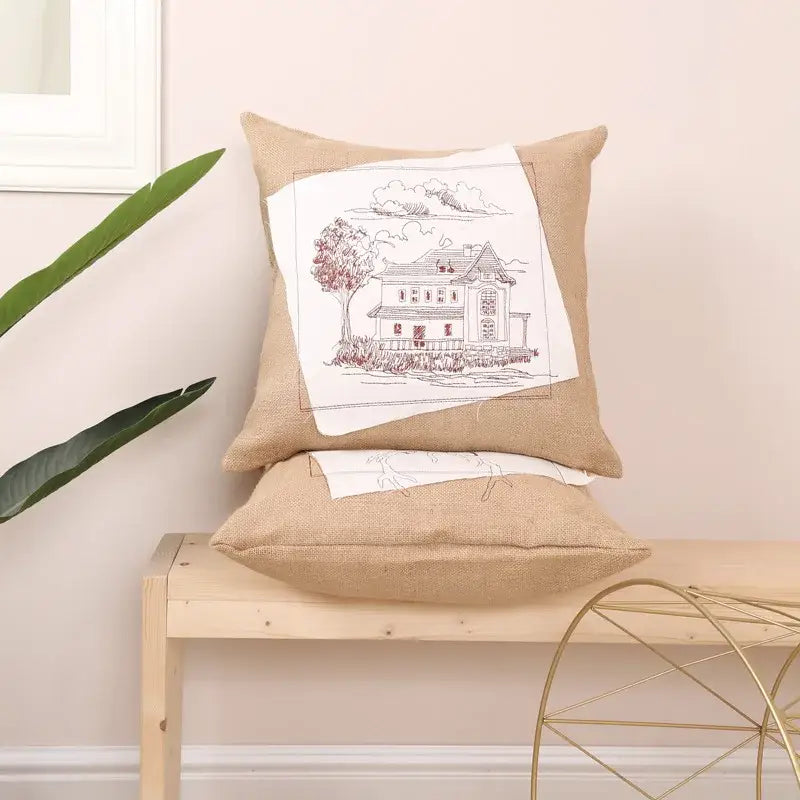 Rustic tan burlap embroidered fashion pillow cover with white house design and red accents for living room decor