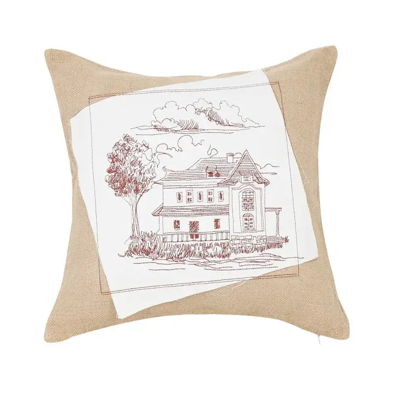 Beige linen pillow cover with white panel and red ink house sketch rustic tan burlap embroidered fashion pillow cover