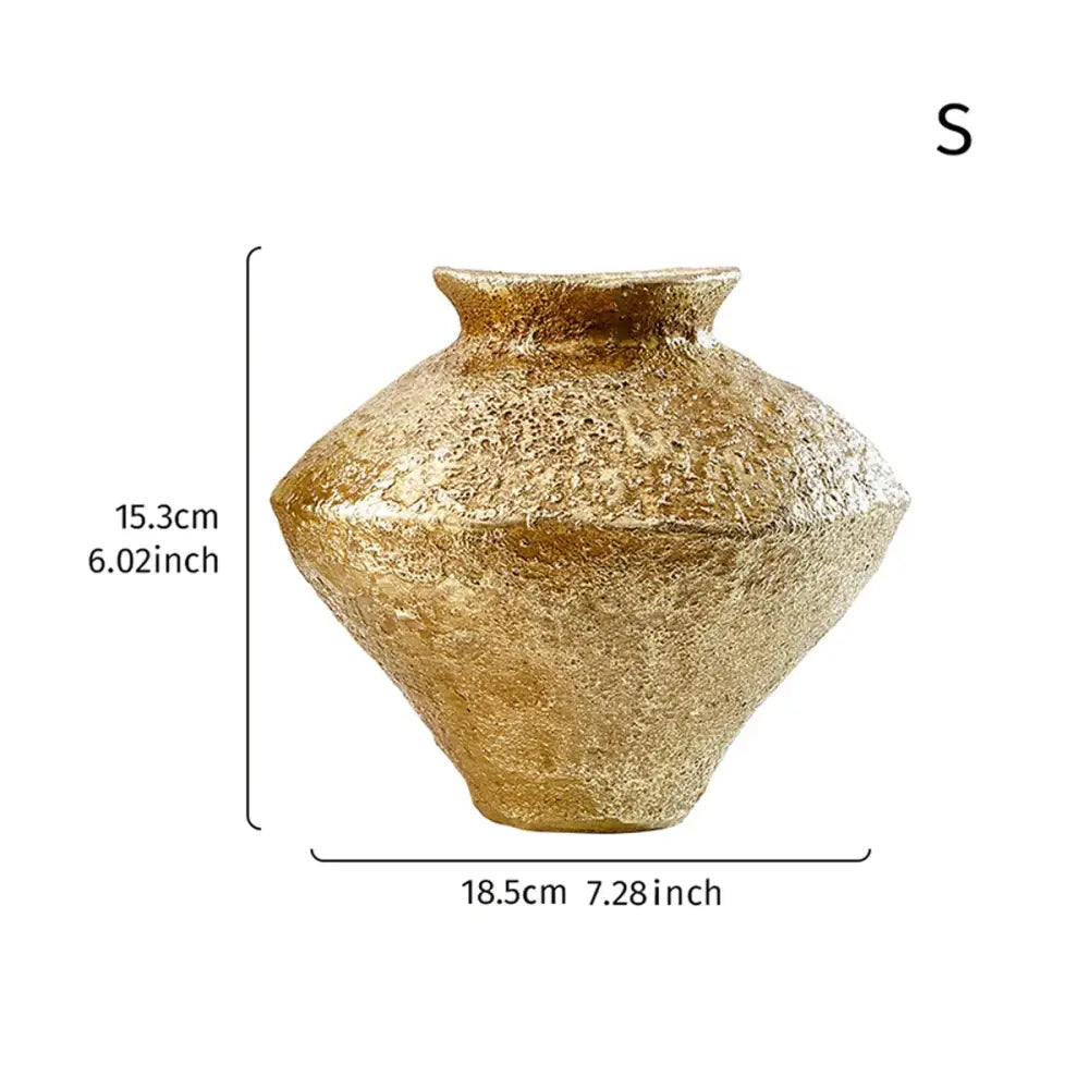 Gold-finished ceramic vase with textured rustic surface and geometric shape for living room decorbites golden vase resin handicraft