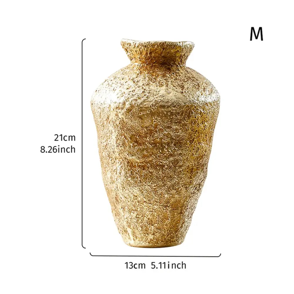Rustic textured golden vase resin handicraft with flared rim and tapered body for living room decorbites golden vase