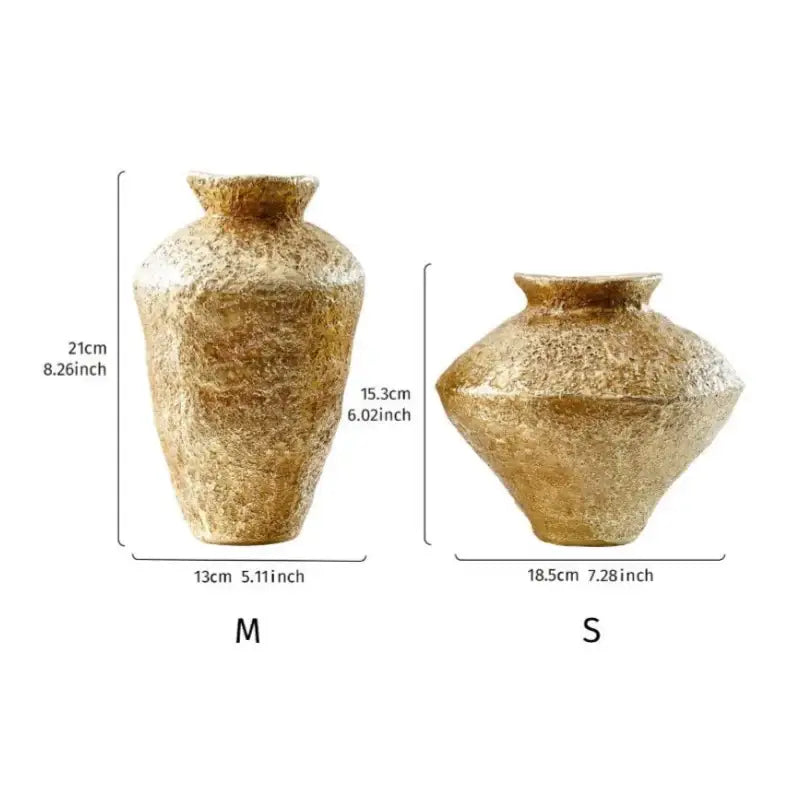 Two textured gold-toned ceramic vases resin handicraft suitable for living room decorbites golden vase display