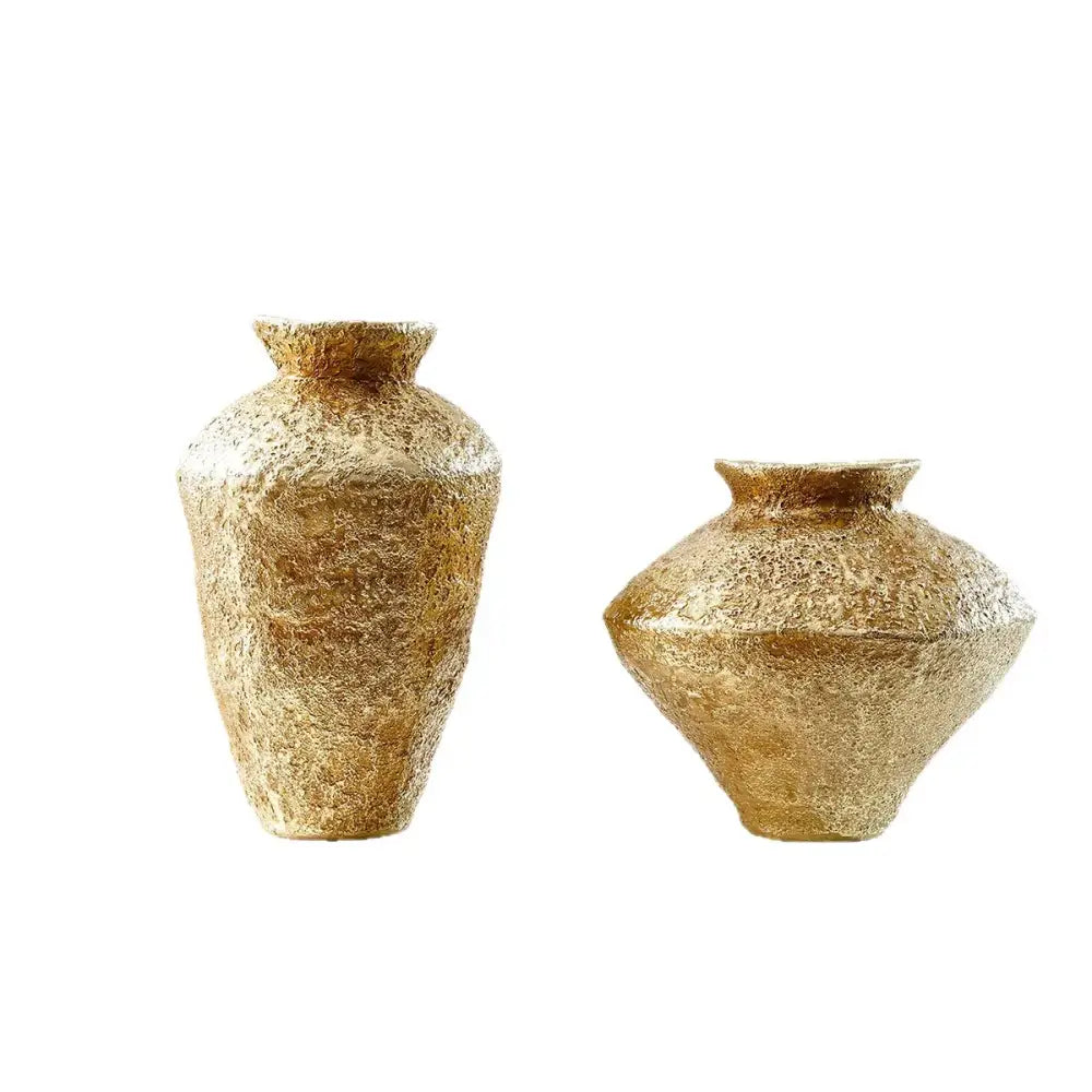 Two textured gold-toned ceramic vases with a rustic finish for living room decorbites golden vase resin handicraft