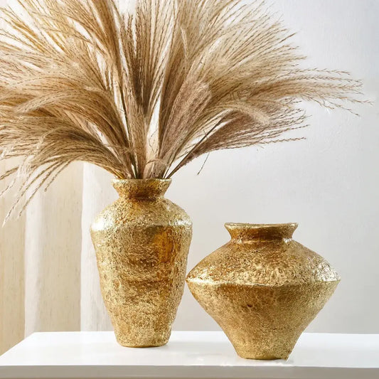 Two gold-toned textured ceramic vases with rustic finish decorbites golden vase resin handicraft for living room decor