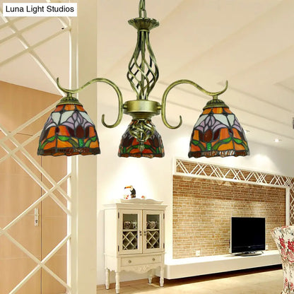 Rustic Tiffany Chandelier with Stained Glass & 3 Lights - Orange
