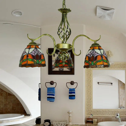 Rustic Tiffany Chandelier with Stained Glass & 3 Lights - Orange
