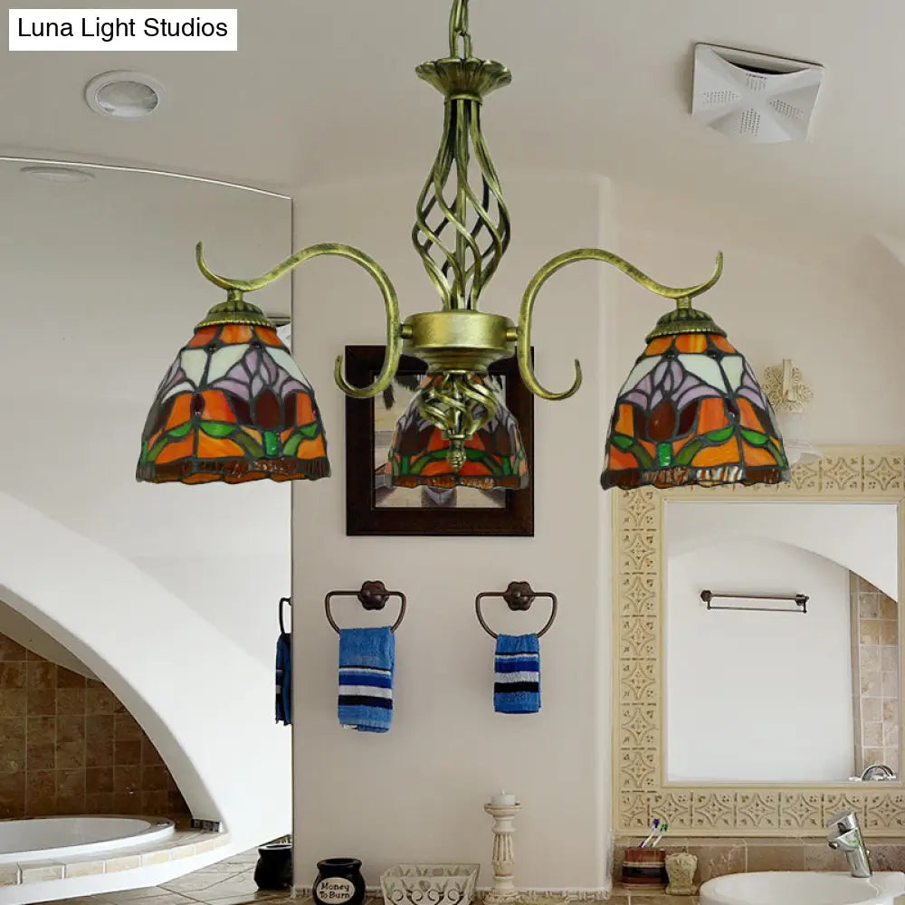 Rustic Tiffany Chandelier with Stained Glass & 3 Lights - Orange