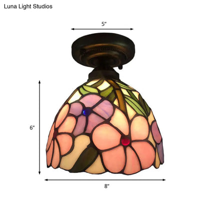 DecorBites™ DecorBites™ Rustic Tiffany Rose/Morning Glory Flushmount Light - Stained Glass Ceiling Light in Pink for Cafe