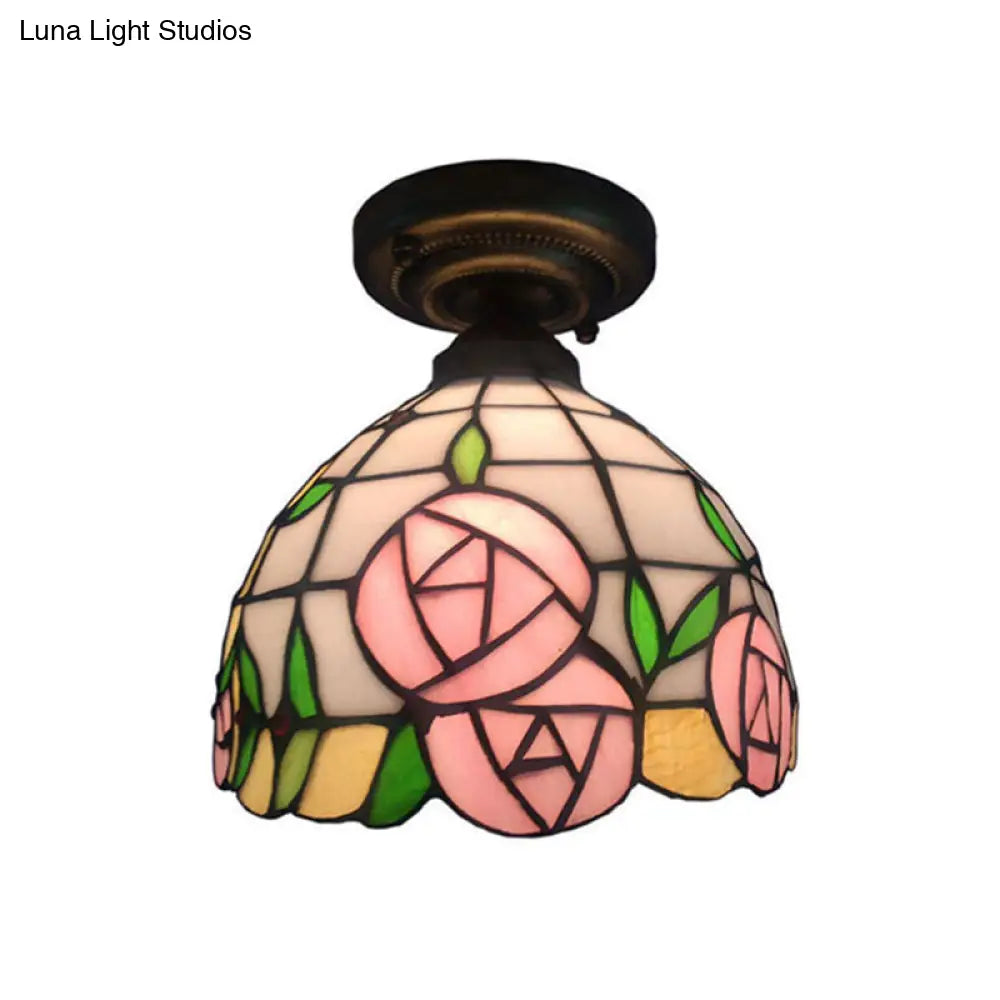 DecorBites™ DecorBites™ Rustic Tiffany Rose/Morning Glory Flushmount Light - Stained Glass Ceiling Light in Pink for Cafe