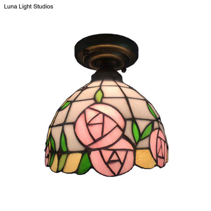 DecorBites™ DecorBites™ Rustic Tiffany Rose/Morning Glory Flushmount Light - Stained Glass Ceiling Light in Pink for Cafe