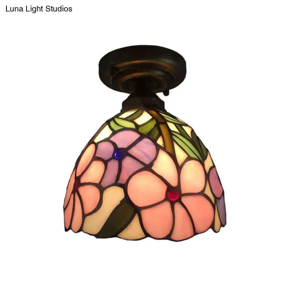 DecorBites™ DecorBites™ Rustic Tiffany Rose/Morning Glory Flushmount Light - Stained Glass Ceiling Light in Pink for Cafe