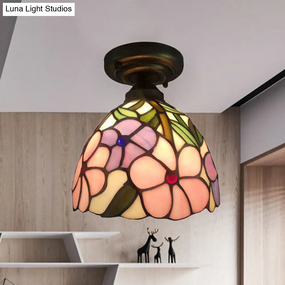 DecorBites™ DecorBites™ Rustic Tiffany Rose/Morning Glory Flushmount Light - Stained Glass Ceiling Light in Pink for Cafe
