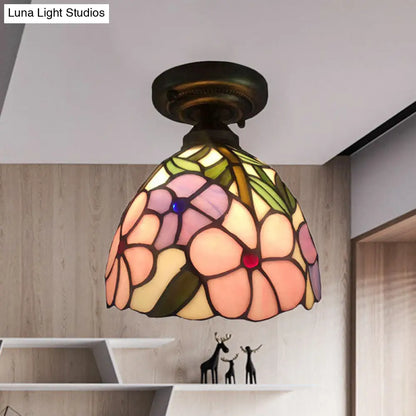 DecorBites™ DecorBites™ Rustic Tiffany Rose/Morning Glory Flushmount Light - Stained Glass Ceiling Light in Pink for Cafe