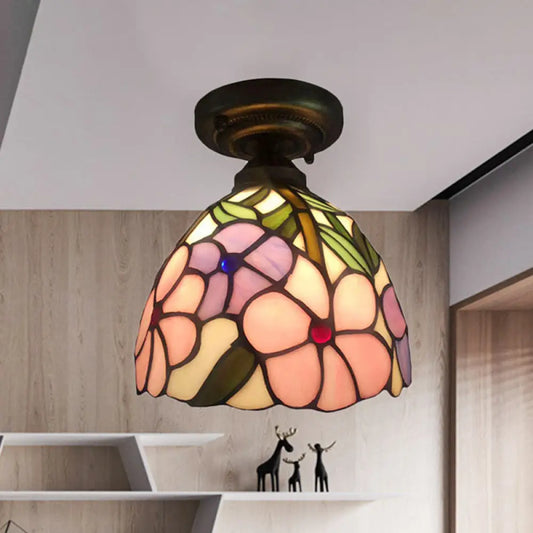 DecorBites™ DecorBites™ Rustic Tiffany Rose/Morning Glory Flushmount Light - Stained Glass Ceiling Light in Pink for Cafe