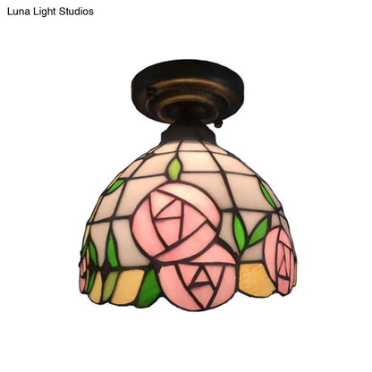 DecorBites™ DecorBites™ Rustic Tiffany Rose/Morning Glory Flushmount Light - Stained Glass Ceiling Light in Pink for Cafe