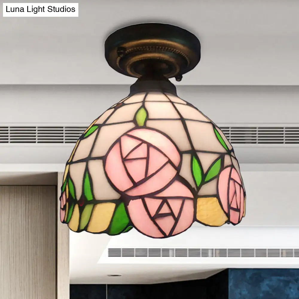 DecorBites™ DecorBites™ Rustic Tiffany Rose/Morning Glory Flushmount Light - Stained Glass Ceiling Light in Pink for Cafe