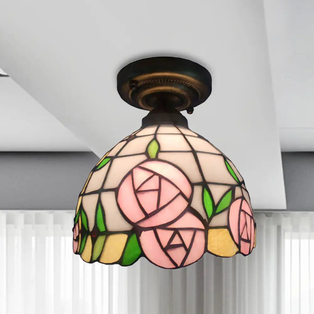 DecorBites™ DecorBites™ Rustic Tiffany Rose/Morning Glory Flushmount Light - Stained Glass Ceiling Light in Pink for Cafe